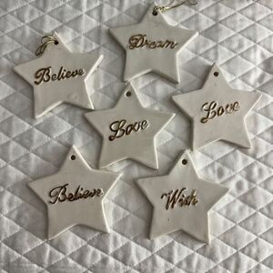 Star Christmas Ornaments Cream Gold Lettering Ceramic 6 Pieces